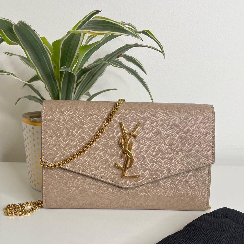 Saint Laurent Uptown Grained Beige Leather Chain Wallet Bag